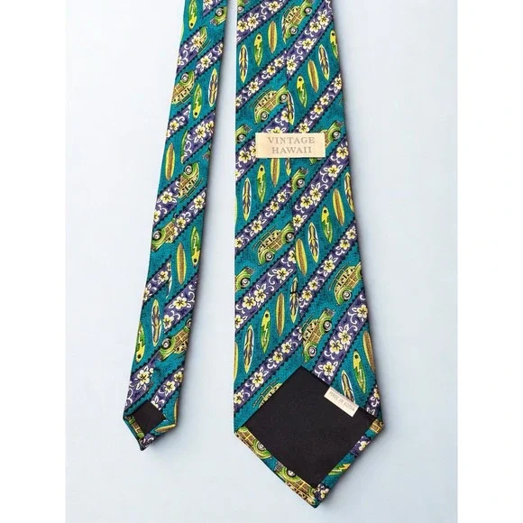 Vintage Hawaii Surf Tie 100% Silk Surf Board Vintage Car FUN RETRO Blue/Green - Picture 2 of 5